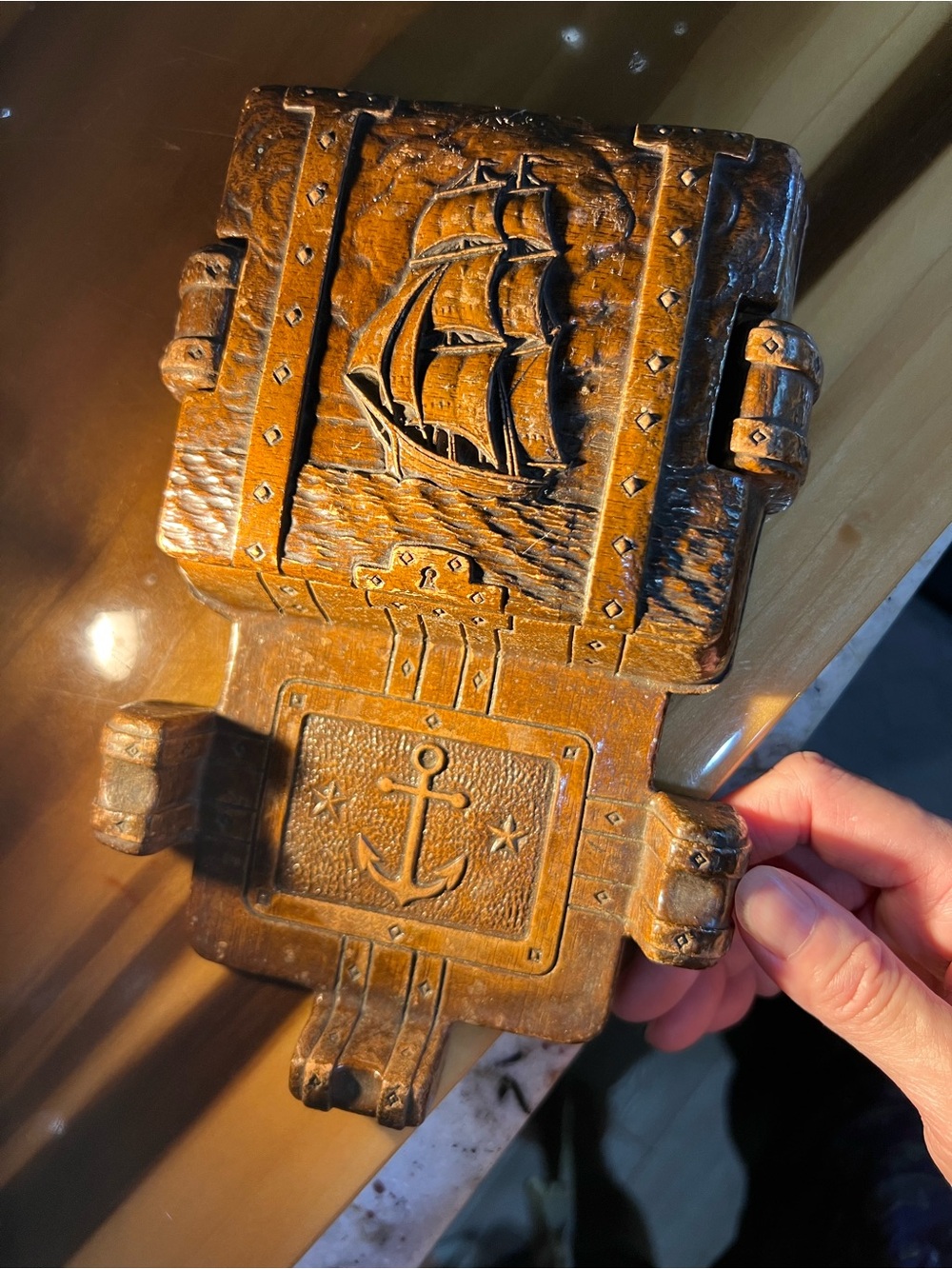 Vintage Carved Nautical Keepsake Box w/attached ashtray